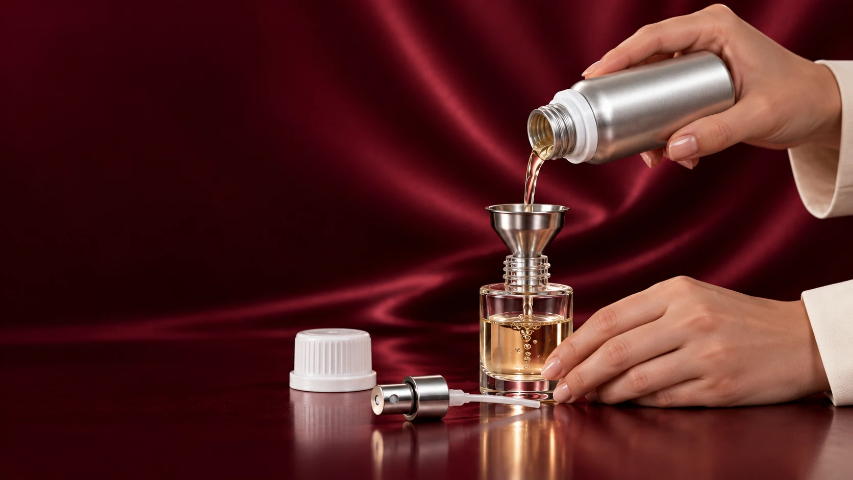 A perfume refill poured through a funnel into an open refillable atomizer